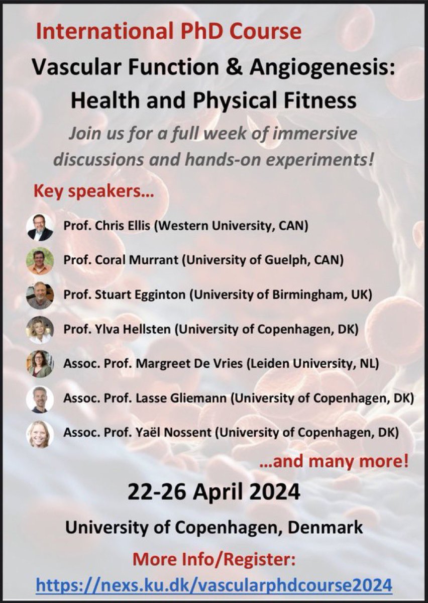 There are still spots AVAILABLE in our FREE week-long international PhD course! Come spend a week in Copenhagen learning about cardiovascular physiology from world experts. We hope to see you 22-26 April! Registration and more info: nexs.ku.dk/vascularphdcou… @NEXSKU @CVgroupNEXS