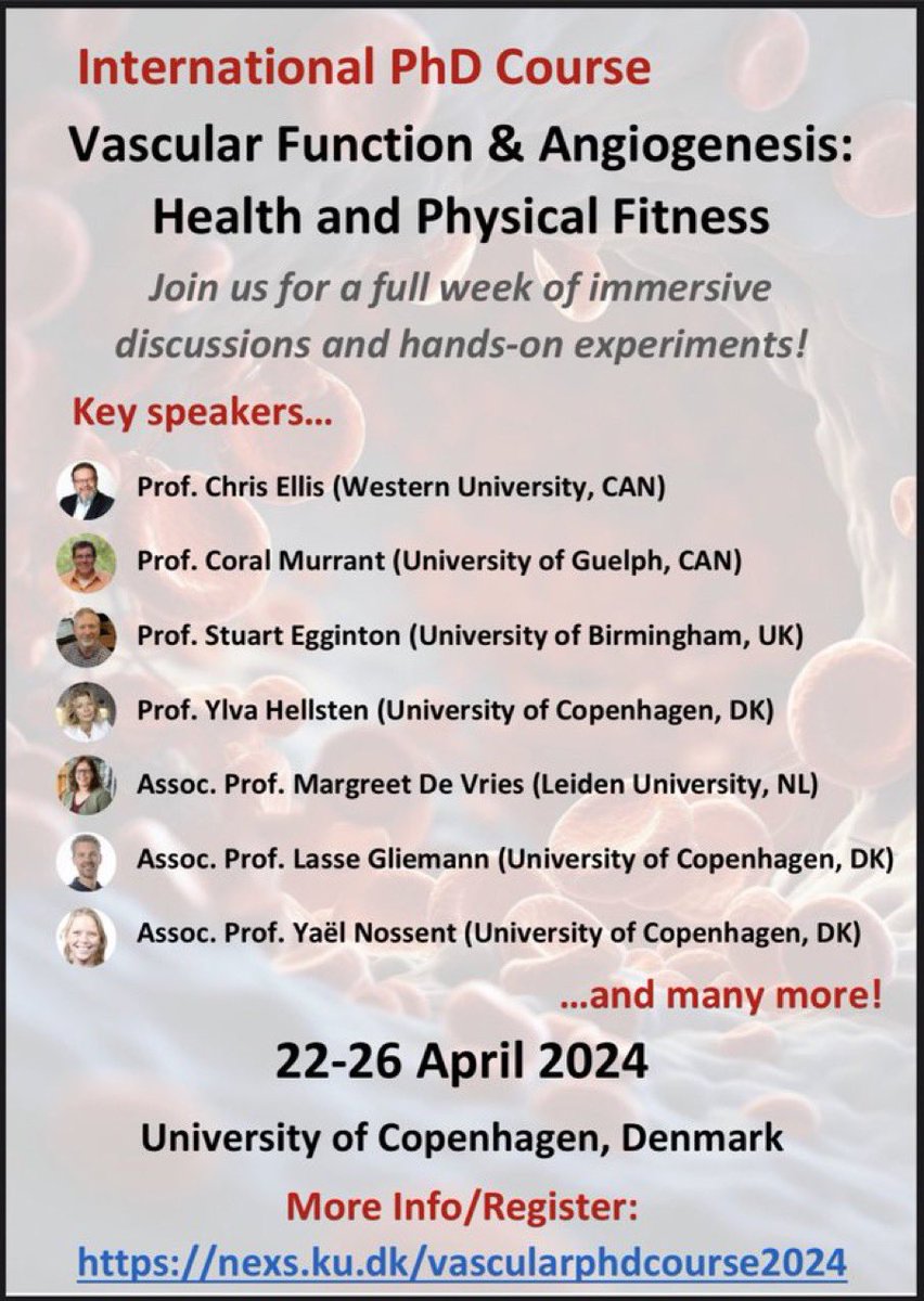 Kate Wickham (@kwickham9) on Twitter photo There are still spots AVAILABLE in our FREE week-long international PhD course!
Come spend a week in Copenhagen learning about cardiovascular physiology from world experts. We hope to see you 22-26 April!
Registration and more info: nexs.ku.dk/vascularphdcou…
<a href="/NEXSKU/">Institut for Idræt og Ernæring</a> <a href="/CVgroupNEXS/">Cardiovascular Research Group, NEXS - UCPH</a> There are still spots AVAILABLE in our FREE week-long international PhD course!
Come spend a week in Copenhagen learning about cardiovascular physiology from world experts. We hope to see you 22-26 April!
Registration and more info: nexs.ku.dk/vascularphdcou…
<a href="/NEXSKU/">Institut for Idræt og Ernæring</a> <a href="/CVgroupNEXS/">Cardiovascular Research Group, NEXS - UCPH</a>