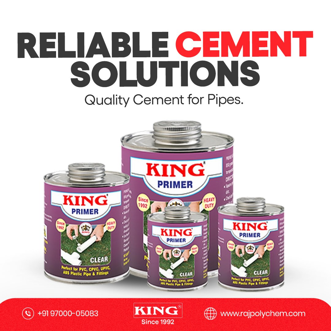 rajpolychem's tweet image. Reliable cement solutions for all your piping needs. King Primer's advanced formula allows it to soften and prepare to join quickly, unlike ordinary cement. 👍

#pvccement #kingsolventcement #cement #cementproduct #cementproducts