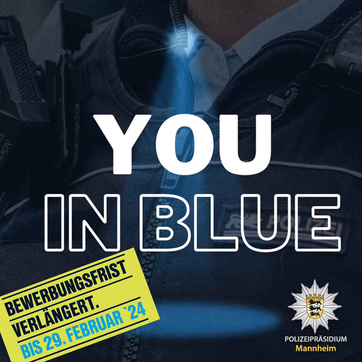 PolizeiMannheim's tweet photo. 💙 #YouInBlue
Ihr könnt Euch vorstellen, in Zukunft „Blau“ zu tragen und das nicht nur als modisches Accessoires, sondern weil Ihr etwas bewegen wollt? Achtung! Bewerbungsschluss verlängert bis 29.02.2024! Vorher noch persönlich informieren:
https://t.co/T9JN4zX1Ut https://t.co/c4s3XQhd6f