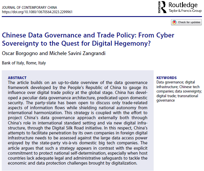 OBorgogno's tweet photo. New publication out ❗

"Chinese Data Governance and Trade Policy: From Cyber Sovereignty to the Quest for Digital Hegemony?" is now published in the Journal of Contemporary China  

You can download the paper here: 
👉 https://t.co/wNwouw0hLf👈 https://t.co/07GGaOeVQ5