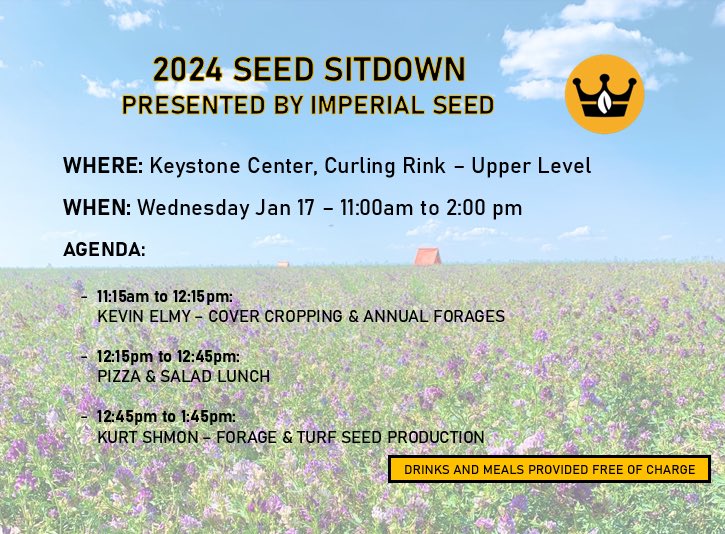 No such thing as a free lunch they say but this is close to it! Join us in the upper level of the curling rink on the Wed of @MBAgDays to hear @KevinElmy and @kurt_shmon preach the good word DM one of the crew to save your seat @kurt_shmon @imperialseed_as @SeanSchnell1