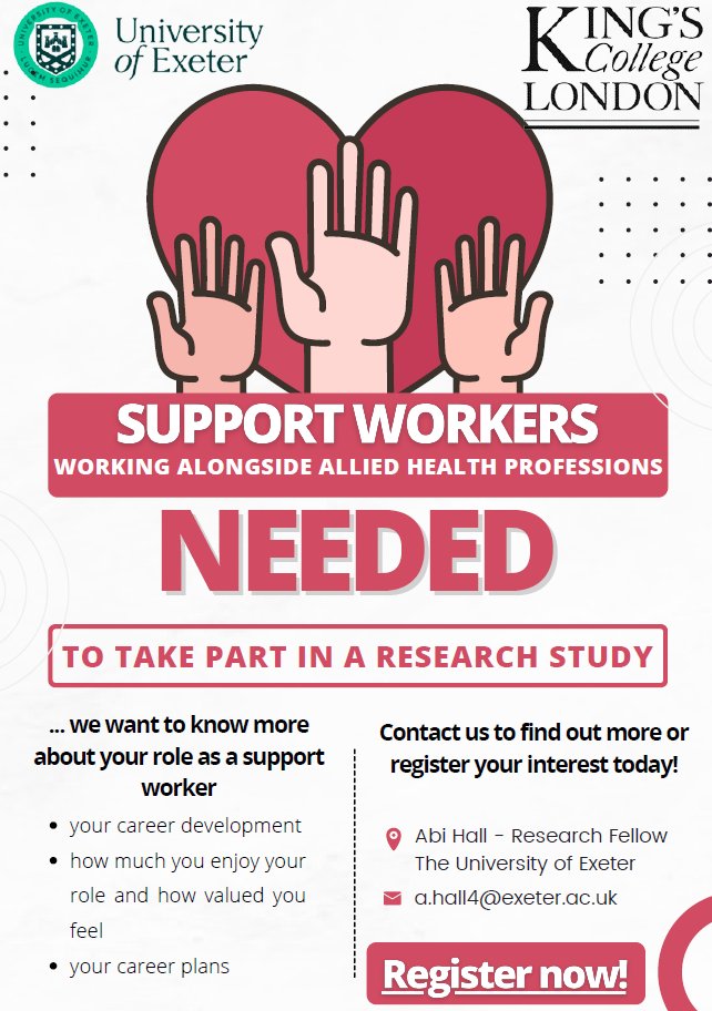 Calling AHP support workers to take part in our research study! Please register your interest in taking part- exeter.onlinesurveys.ac.uk/support-worker… @NHSHEE_SWest @rgriffinskill @GabyFord2 @SuraiyaHassan1 Please share widely! :) Thank you!