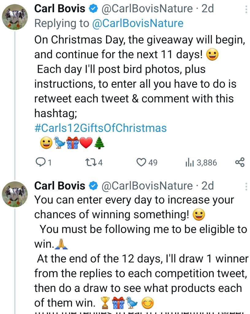 🎉 My Christmas giveaway, DAY 9! 😀 
 I'm giving away 12 of my bird products over 12 days, from Christmas Day onwards! 🎅😀🎉 
 To enter, just retweet &amp; comment, using the hashtag #Carls12GiftsOfChristmas 🎁 
(More details in the enclosed pics!)
 Good luck! 🌲🎁🎅😊🐦❤️