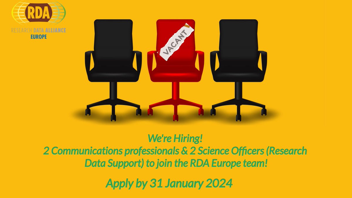 Are you looking for a new role in 2024? Come join our team! We're recruiting for 4 new posts to work on our project portfolio and support the <a href="/resdatall/">Research Data Alliance (RDA)</a> community! Info➡️rd-alliance.org/come-work-us-r… #JobFairy #JobVacancy #hiring