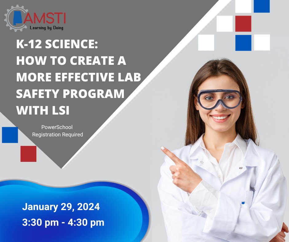 This 1 hr PL confronts excuses for not having or improving a lab safety program. 
4 of the 33 Laboratory Safety Institute’s (LSI) safety program components will be  discussed. Don’t miss this highly informativelearning experience. 
Register in PowerSchool: alsde.truenorthlogic.com/.../presentReg…