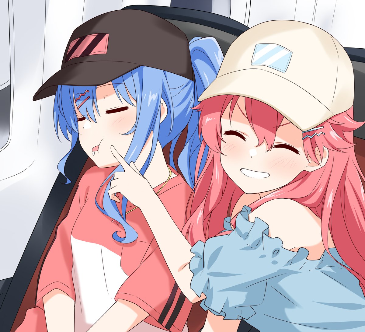 hoshimachi suisei ,sakura miko multiple girls 2girls hat blue hair pink hair baseball cap closed eyes  illustration images