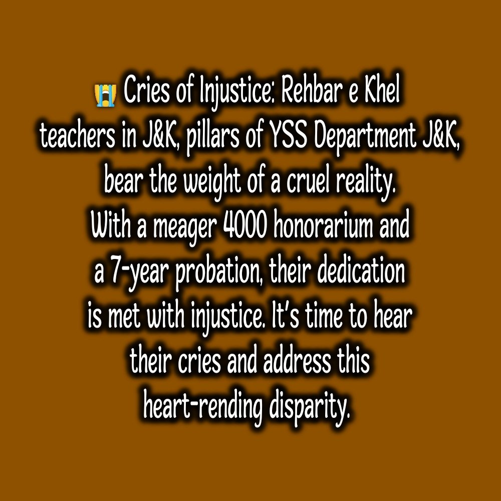 Rehbar e Khel teachers in J&amp;K, pillars of YSS j&amp;k, bear the weight of a cruel reality. With a meager 4k honorarium &amp; a 7-year probation,their dedication is met with injustice. It's time to hear their cries &amp; address this heart-rending disparity.<a href="/manojsinha_/">Manoj Sinha</a> <a href="/DullooAtal/">Atal Dulloo</a> <a href="/pefindia/">Pefindia</a>
