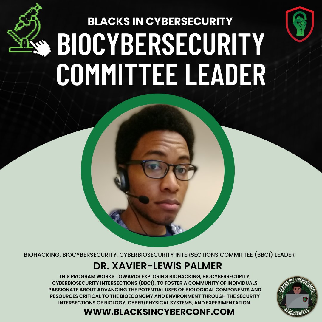 BlackInCyberCo1's tweet photo. Meet Dr. Palmer ! 🧬 He leads the BBCI Committee @ BIC HQ!

Join our community here: https://t.co/ijbyfUvT9F

#BlacksInCyber #LitLikeBIC #BlackInCyber #BICBIOCYBER #Biocybersecurity #BioInfromatics #BlacksInCybersecurity #BlackInCybersecurity https://t.co/fPlnNnAypP