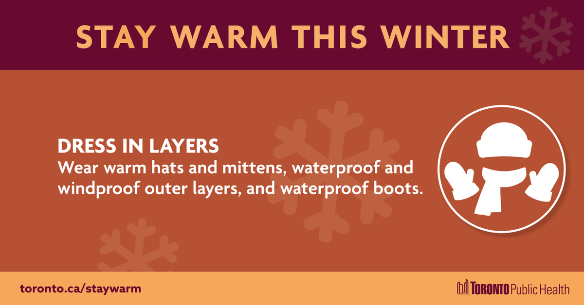 If you can, choose warm mittens over gloves, and cover clothing with waterproof & windproof outer layers. More tips: toronto.ca/StayWarm #StayWarmTO