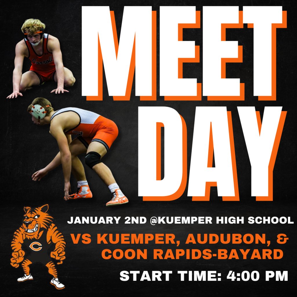 🤼Boys Wrestling 
🗓Tuesday, January 2
⏰4:00pm 
📍Kuemper Catholic High School 
🆚 Kuemper Catholic, Audubon, Coon Rapids-Bayard