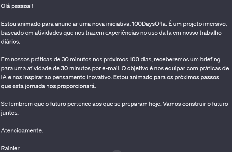 rainiermorilla's tweet photo. No desafio do dia 2 dos #100DaysOfAI! 🚀 Usei o ChatGPT da @openai para  dar um toque diferente num e-mail. Alguém consegue adivinhar qual foi a  obra-prima do ChatGPT? 😄👇 #IA #DesafioIA https://t.co/hzq1xh09JC
