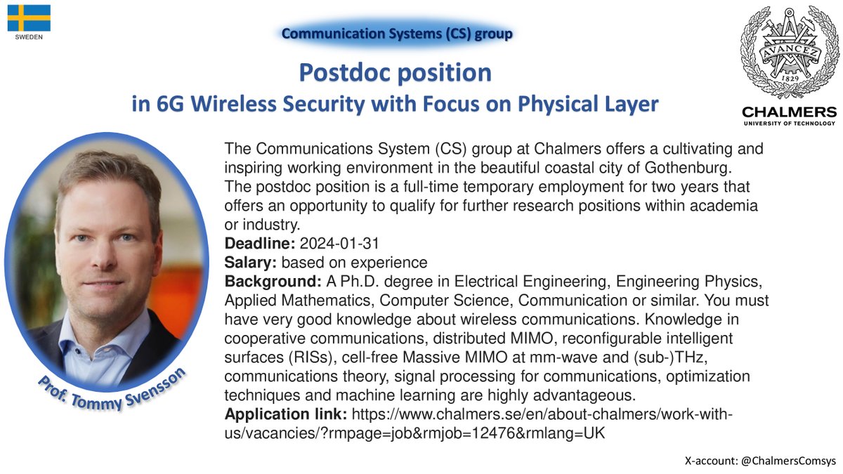 We are #hiring. We have an exciting #postdoc #position in #6G Wireless #Security with a Focus on #Physical #Layer.
Background: A Ph.D. in #ElectricalEngineering, Engineering #Physics, #AppliedMathematics, #ComputerScience, #Communication.
More Information: chalmers.se/en/about-chalm…