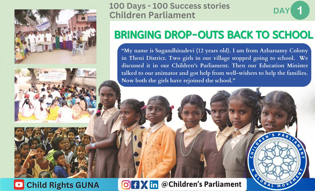 BRINGING DROP-OUTS BACK TO SCHOOL 

100 Days - 100 Success Stories by International Trainer <a href="/ChildRightsGuna/">Gnanasekar</a> 

<a href="/UNICEF/">UNICEF</a> <a href="/UN/">United Nations</a> <a href="/UNHumanRights/">UN Human Rights</a> <a href="/UNICEFIndia/">UNICEF India</a>