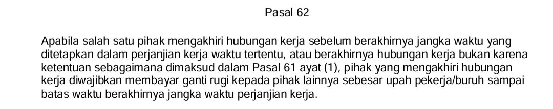 5. Pemaksaan resign dan pembayaran gaji lewat motion pay

Yang diomongin di dm ini bener. Pemaksaan resign biasanya dilakukan agar perusahaan ga ngebayar ganti rugi sisa masa kontrak yang diwajibkan melalui Pasal 62 UU 13/2003 yang ga diubah di UUCK 
x.com/yozariam/statu…