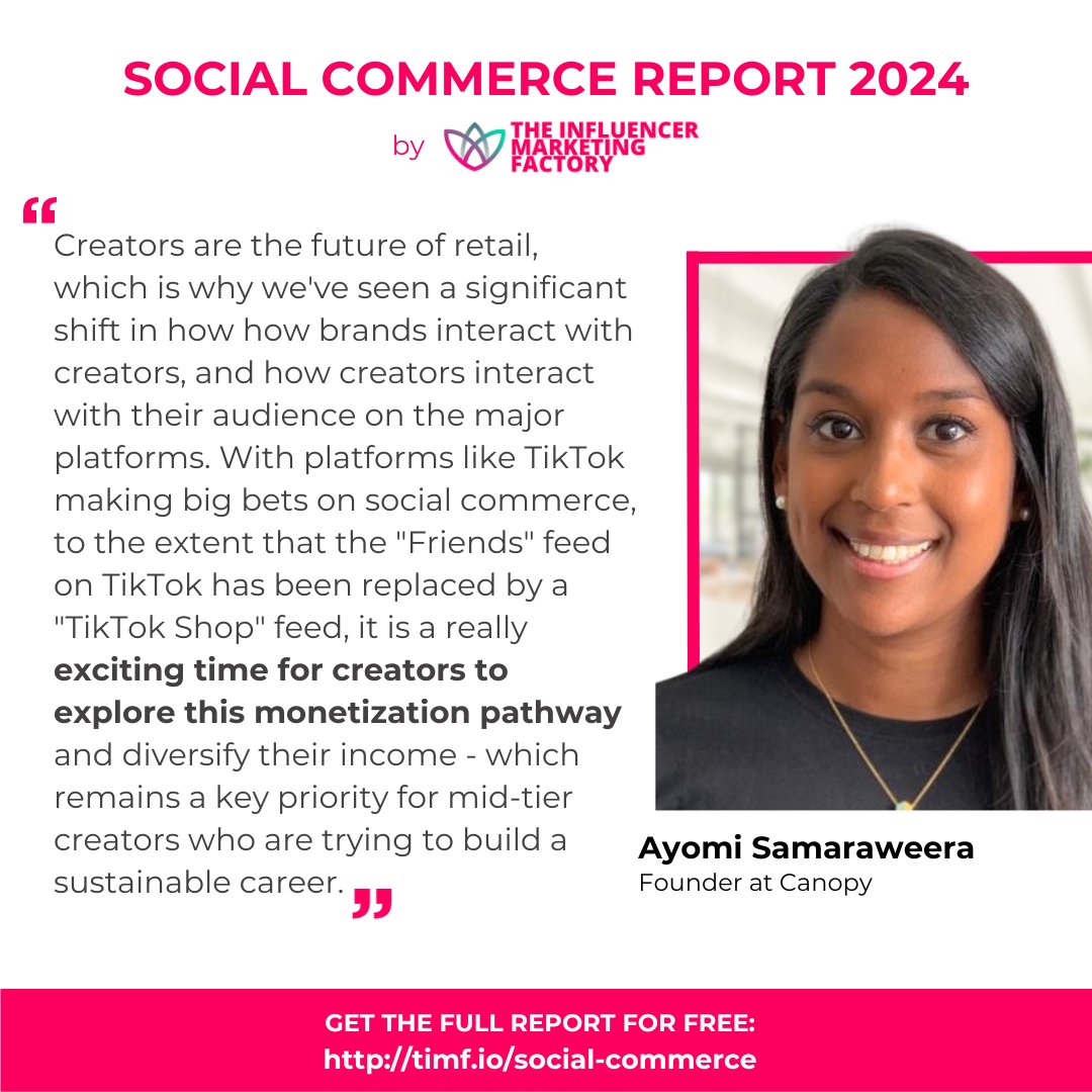 the_IMFactory's tweet image. 📊 Delighted to reveal an exclusive quote from Ayomi Samaraweera, Founder of Canopy, highlighted in our latest Social Commerce Report. 

👉️CHECK OUT THE FULL REPORT: timf.io/social-commerce

#IndustryInsights2024 #DataDrivenCommerce #SocialCommerceTrends #CommerceReportInsights