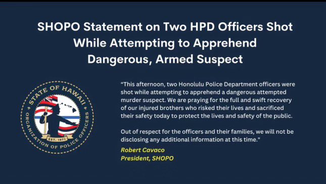 sbanypd's tweet photo. Please keep the 2 #HonoluluPD police officers seriously wounded in a New Year's Day gun battle with a carjacking suspect in your thoughts & prayers. Suspect shot & killed by #HPD. Be vigilant at all times. #nypd #SHOPO #UCOPS @NAPOPolice @NYS_FOP https://t.co/m8rc21JbLQ