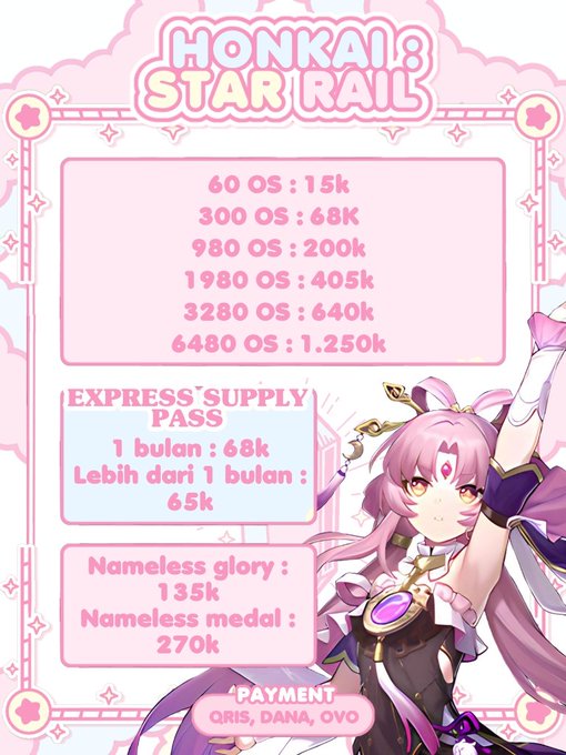 yooiyama's tweet photo. PROMO HSR VIA ID 
Estimasi 1-5 hari

6480 OS : 1.195k
3280 OS : 600k
1980 OS : 390k
980 OS  : 185k
330 OS  : 61k 

SUPLAY PASS : 60k

Invoice razer #zonauang
Payment via : qris/dana/ovo https://t.co/fm48ducRUV