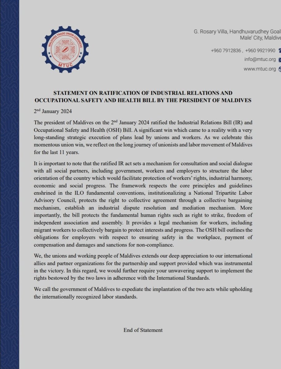 Statement on Ratification of #IR and #OSH bill by the President @MMuizzu 
@ituc @itucasiapacific @SolidarityCntr @iufap @PSIasiapacific @pilcmv @ifjasiapacific @TEAMmaldives @MaldivesHPU @port_union @FishermensUnion @mjamaldives @TAMaldives @faya_i