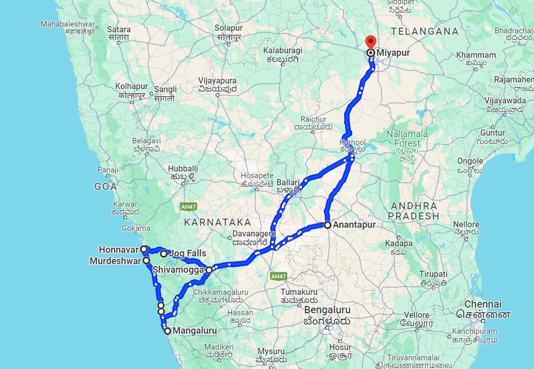 🚗🧳COASTAL KARNATAKA ROAD TRIP 🚗🧳

Distance: 2173kms
Duration: 9Days 

Places covered 

Home-> Mangalore-> Kaup-> Udyavar-> Udupi-> Thonse-> Kodi-> Maravanthe-> Murudeswara-> Honnavar-> Jog falls-> Shimoga->Home

Rest stop while going: Chitradurga
Return: Nonstop from Shimoga