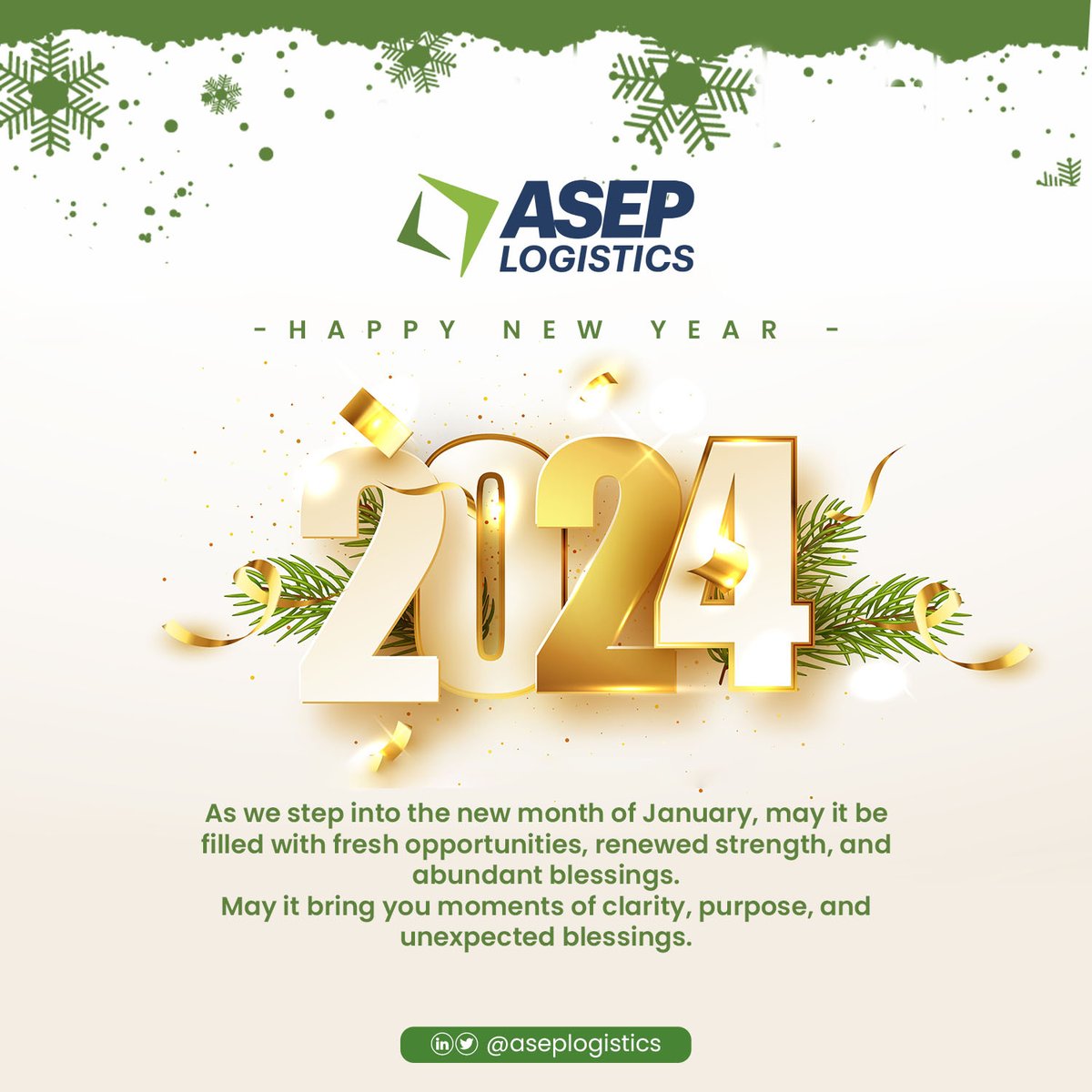 Asep_Logistics's tweet photo. Here's to a prosperous, healthy, and fulfilling New Year! Let's raise a glass to a year of seamless deliveries, boundless opportunities, and a thriving partnership with Asep Logistics!
Email: info@aseplogistics.com
Phone: +234-810-933-3189
#AsepLogistics #NewYear #Happy2024 https://t.co/OtTz3s8lyM