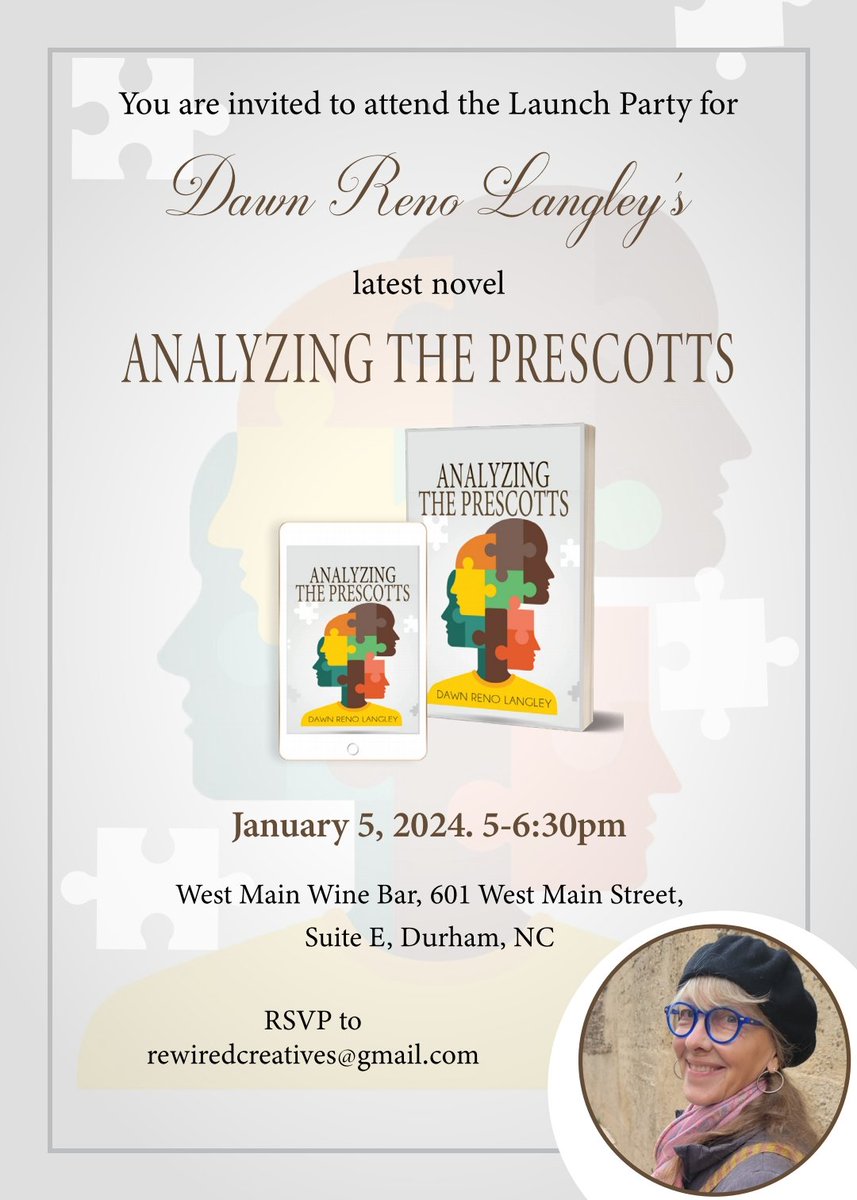 proflangley's tweet photo. If you're in the Raleigh Durham area this Friday, join me to celebrate the launch of my new novel, Analyzing the Prescotts, a story of a therapist consumed with a family traumatized by identity issues. https://t.co/MHHgC0YGre