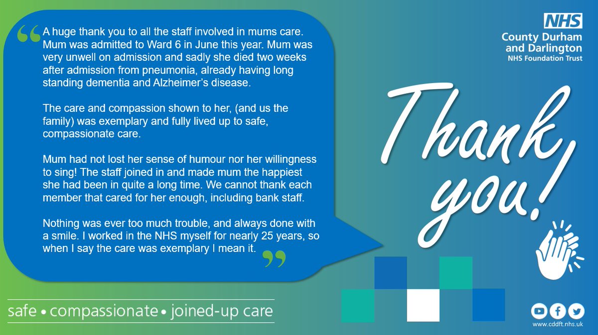 Care was exemplary 💙 Well done to colleagues from Ward 6 at University Hospital of North Durham who received some wonderful feedback after providing safe, compassionate and joined-up care. #ThankfulThursday