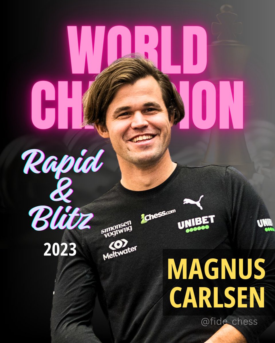 Magnus Carlsen, the 2023 FIDE World Rapid and Blitz Champion, has won 5 out of 6 World Blitz Championships since 2017 and 3 out of 4 World Rapid Championships since 2019! 🏆 🔥 

♟️ In total, throughout his career, he has won 17(!) World Championships: he is a 5-time Classical