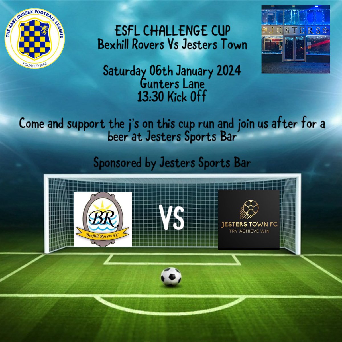 JestersTownFC's tweet photo. 🚨🚨BACK IN ACTION 🚨🚨

This Saturday the J’s kick 2024 off with the much anticipated cup game against @Bexhill_Rovers 

Come down and watch which is almost certain to be a cracker of a game. 

Sponsored by Jesters Sports &amp; Music Bar. https://t.co/o6zEimp6Pc