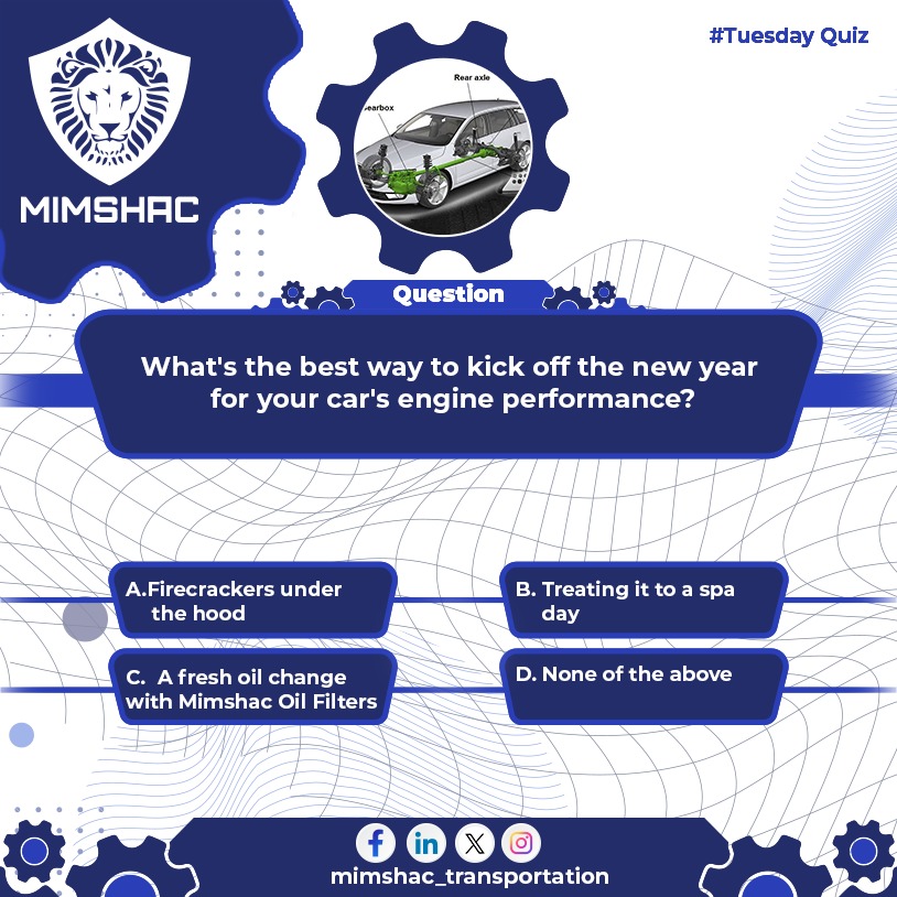 Start the new year right! Can you guess the key to your car's ultimate performance in 2024? 🚗✨ #MimshacNewYearQuiz #DrivingExcellence