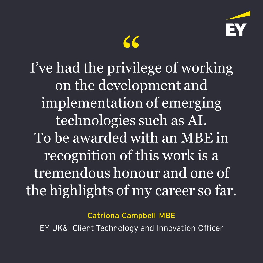 👏We are proud to share that @catrionacampbel, EY UK & Ireland Chief Technology and Innovation Officer, has been awarded an MBE in the New Year Honours 2024 List. 🏅 Read more about the award here 👉 ey.com/en_uk/news/202… #BetterWorkingWorld #AI #NYE24Honours | @SciTechgovuk