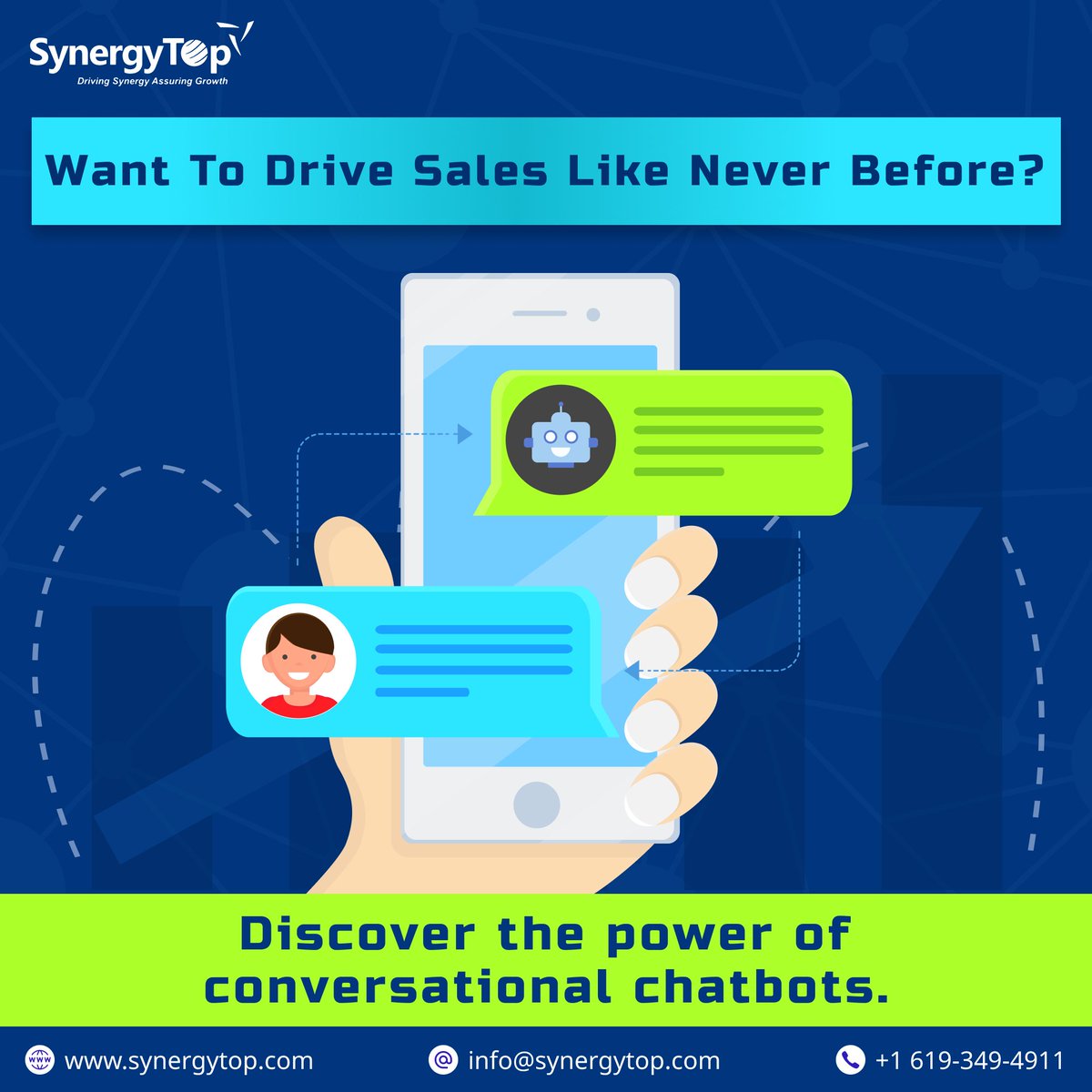 SynergyTopUSA's tweet image. Elevate your sales game to new heights with the game-changing magic of conversational chatbots! Don't miss out on the revolution – let our chatbots transform leads into loyal customers! #Chatbots #chatbotsolutions #chatbotdevelopment #chatbottechnology
