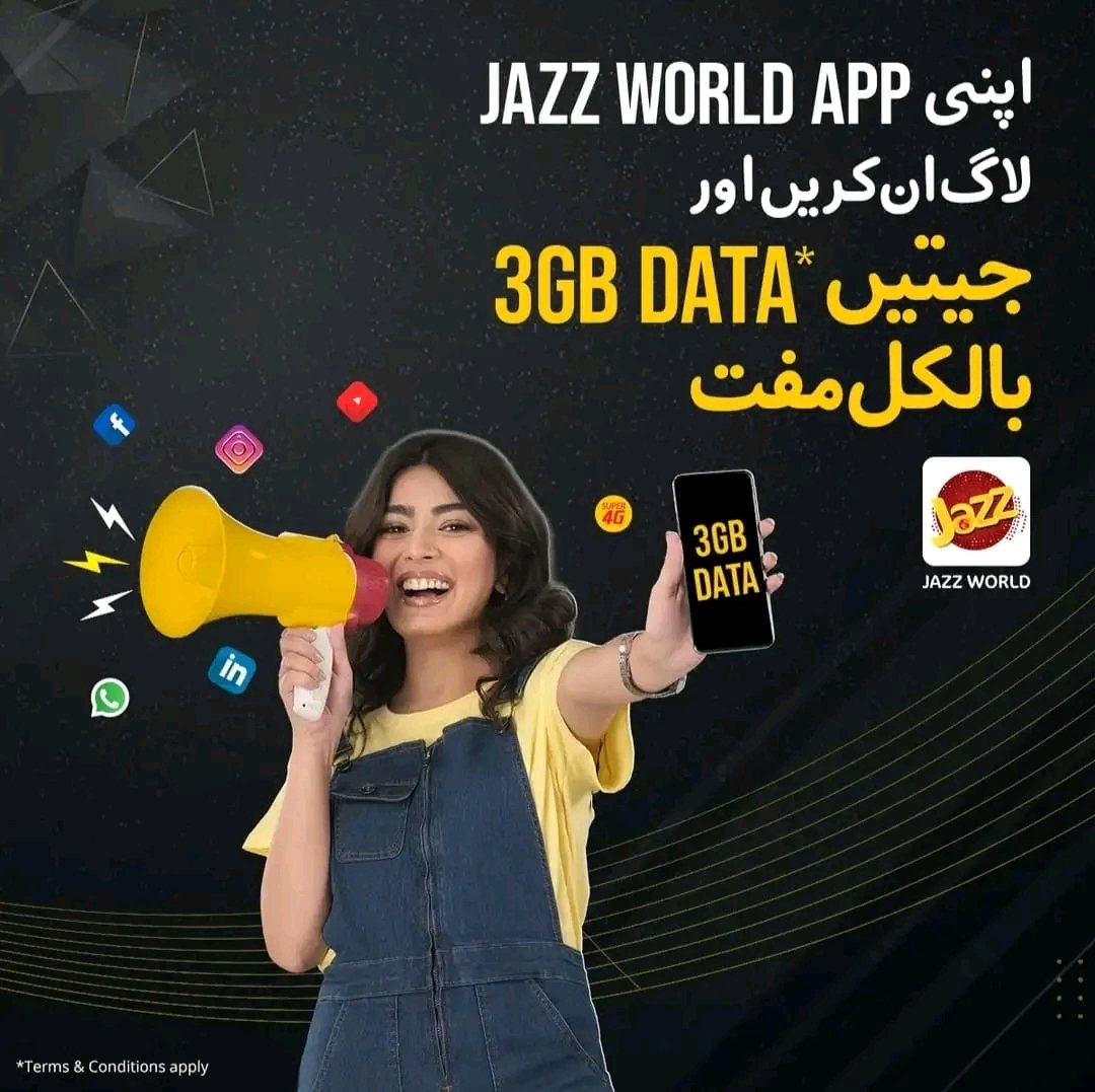 RaNaTricks's tweet photo. Jazz World pe login karein aur jeetein 3GB Data woh bhi muft. Tou dair na karein.
Download app from playstore 
.
.
#tips #tipsandtricks #jazz #Ufone #Zong4G #Telenor #PTCL  #mobile  #tricks #Hacked #jazzmusic https://t.co/cPekndGrcJ