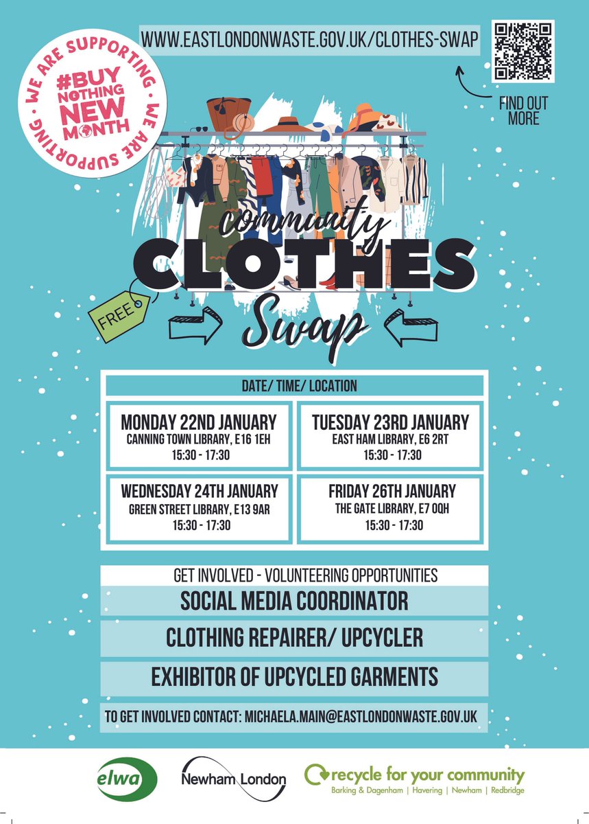 This #BuyNothingNewMonth we're hosting Community Clothes Shop Events at @NewhamLibraries ℹ️If you'd like to volunteer at the events, you can get involved by emailing: Michaela.Main@eastlondonwaste.gov.uk For more information, visit👉orlo.uk/gbhEg @RecycleFYC