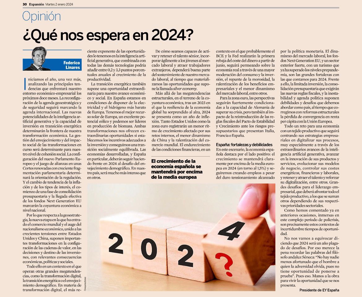 Feliz Año! Decía el filósofo andaluz #Séneca: “No hay nadie menos afortunado que el hombre a quien la adversidad olvida, pues no tiene oportunidad de ponerse a prueba”. Hoy comparto algunas reflexiones en #Expansión sobre los retos que nos presenta 2024