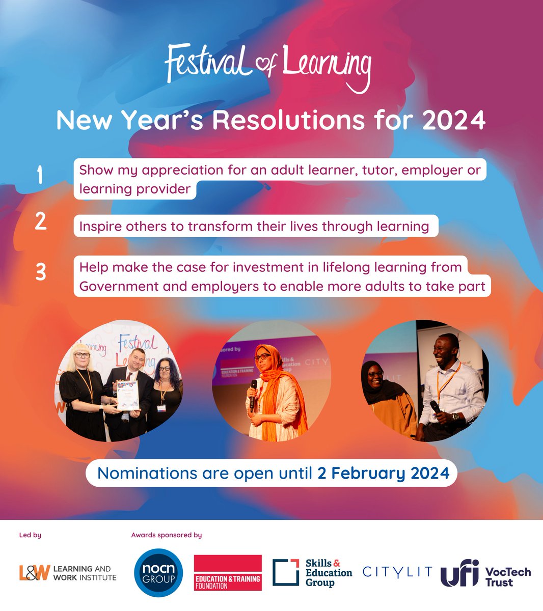 Happy 2024 from @festival_learn! 🌟 Looking for New Year’s resolutions? Why not make one submitting a nomination for #FestivalofLearning2024 – and recognising the achievements of a learner, tutor, provider or employer? Find out more: festivaloflearning.org.uk/home/nominate-… ✍️