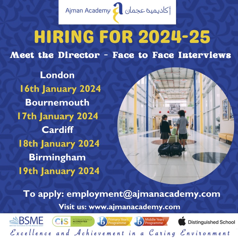 Really looking forward to meeting some excellent candidates to join us <a href="/AjmanAcademy/">Ajman Academy</a> !

#teachabroad #uaeteachers #edutwitter #teachaway #ajmanacademy #teacher #jobseekers