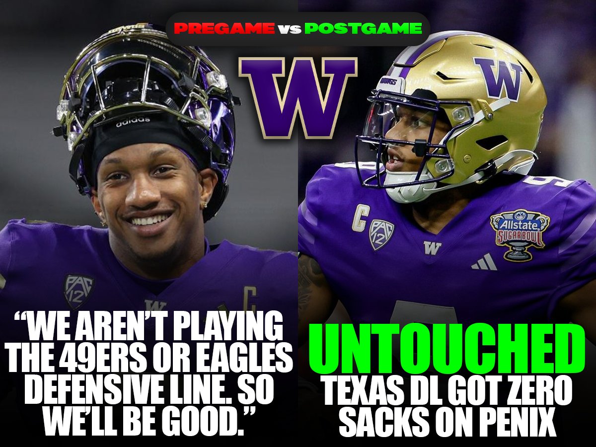 bluebloodsbias's tweet photo. Before the Sugar Bowl, Washington QB Michael Penix took a shot at the Texas D-Line, one of the top units in the sport 👀

He claimed that the Texas DL wasn't a scary unit, so Washington's OL would be fine.

Texas failed to sack him once ALL GAME while he threw for 400+ yards 🌟 https://t.co/W7VBYaL4St