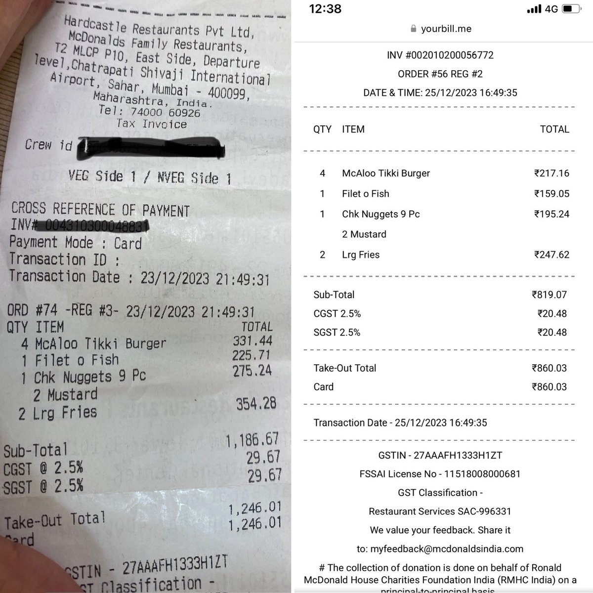 SayeedIrem's tweet photo. @mcdonaldsindia can you explain why same order will cost different at two outlets in same city just two days apart. https://t.co/gkpvNvKM9f