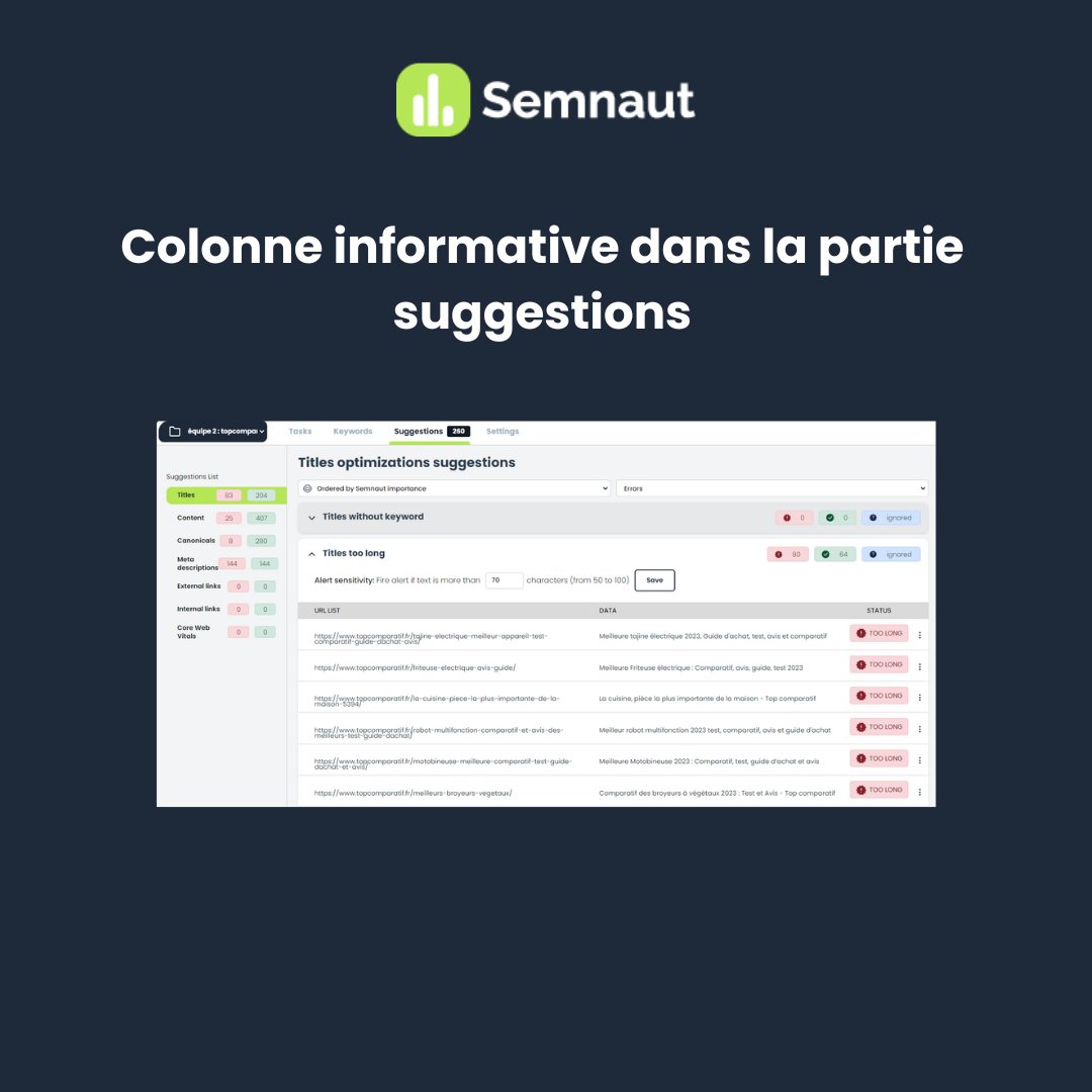 Semnaut s’améliore encore en 2024 ! 🚀

Suivi des mots-clés par localisation : suivez les performances de vos mots-clés dans le monde entier, en fonction du pays ou de la langue !

Colonne informative dans la partie suggestions : identifiez rapidement les problèmes potentiels de