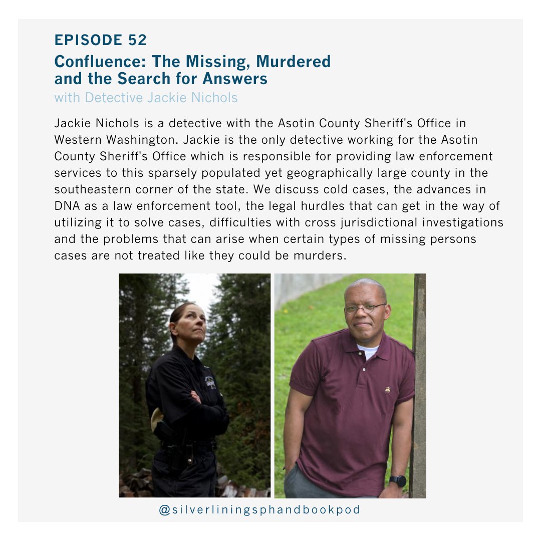SilverLiningsHB's tweet image. In this episode, Detective Jackie Nichols of Aston County, Washington&apos;s sheriff&apos;s office, joins us to discuss cold cases, legal hurdles to using DNA and investigating crimes in areas that are both sparsely populated and involve multiple jurisdictions 

bit.ly/47m443t
