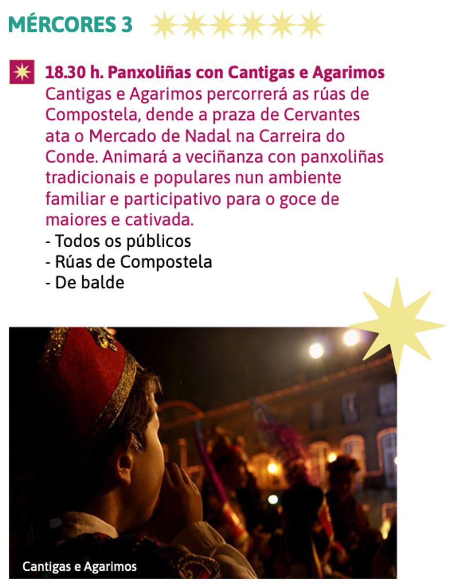 Feliz 2024! Recibimos o ano con música. Mañá mércores 3 de xaneiro, a partir das 18.30h, Cantigas e Agarimos percorrerá as rúas de Compostela interpretando panxoliñas tradicionais. Esperámosvos!
#cantadasdeNadal #CompostelaEstrelaDoNadal #UnNadalParaVivilo
<a href="/pazoderaxoi/">Concello de Santiago</a>