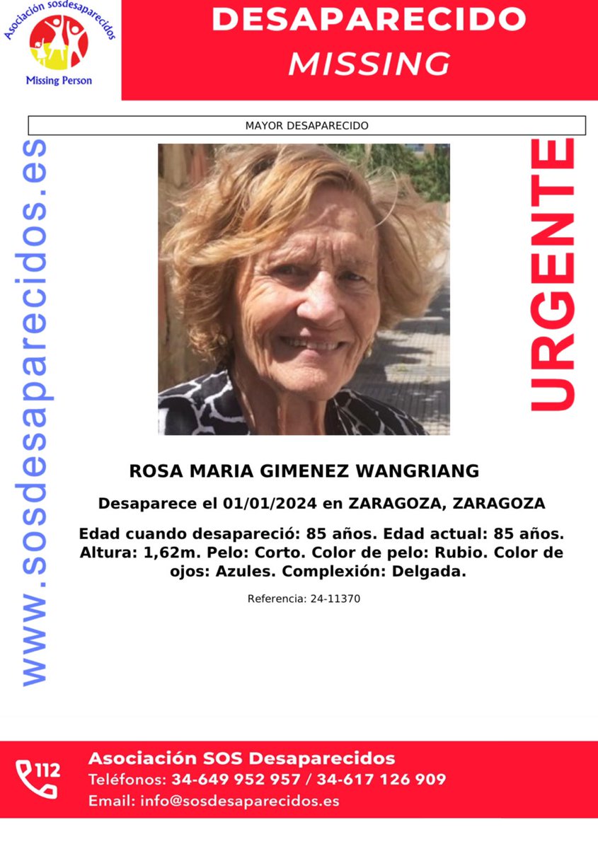 SoydeZaragoza's tweet photo. Desaparecida ROSA MARÍA GIMÉNEZ WANGRIANG 👇 https://t.co/AyOKXP9mLg