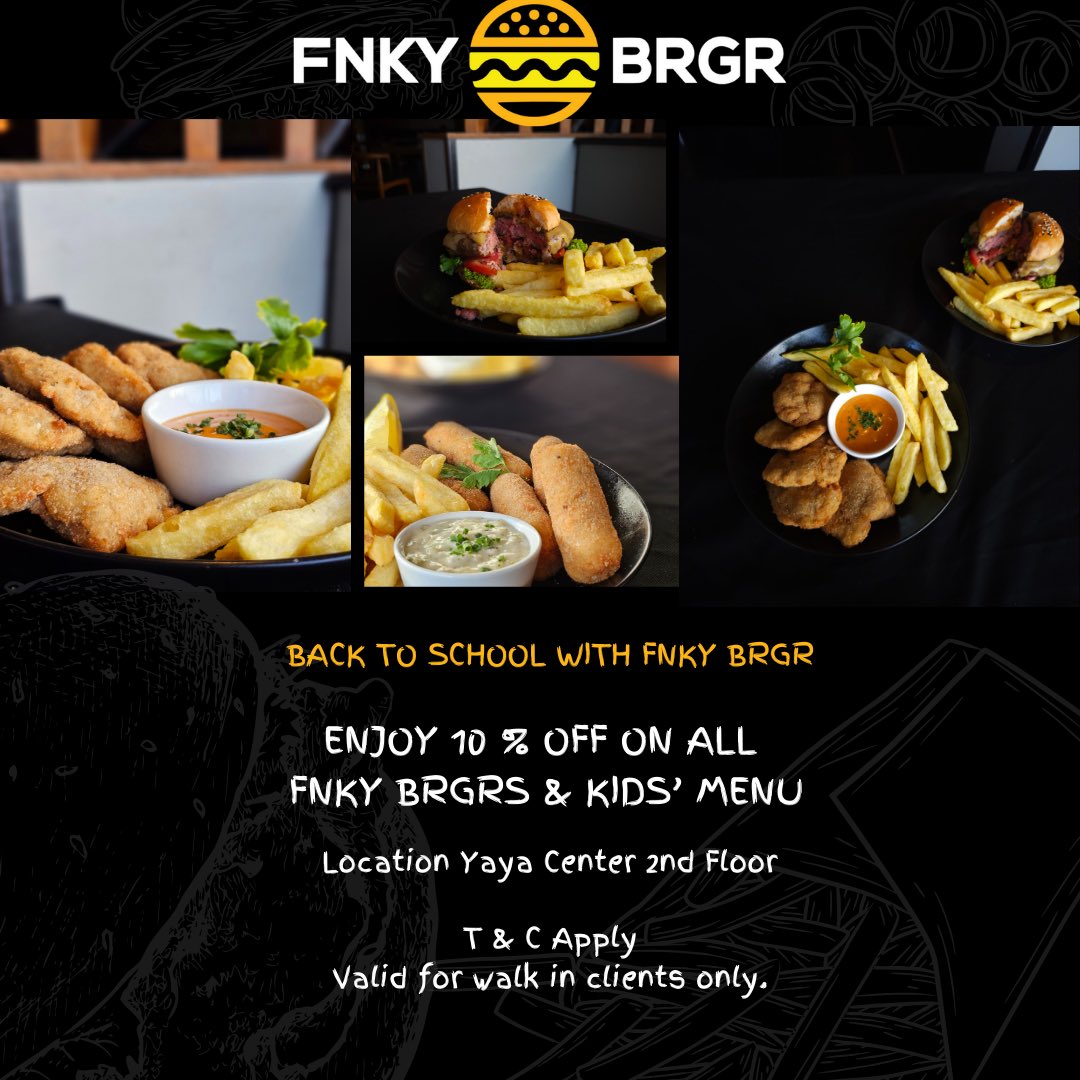 fnkybgr's tweet photo. Back to school with a twist at Fnky Brgr! Get 10% off on all our fnky brgrs and kids' menu! 🎉
valid for walk-ins only from January 1st to 9th, 2024. 

Terms and Conditions apply. 

#FnkyBrgr #BackToSchoolSpecial #HappyNewYear2024 #nairobirestaurants #NikujaribuTu https://t.co/zIalcxagc7