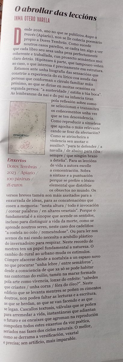 Última recensión do ano, no Sermos do día 30, sobre o último libro de <a href="/dorestembras/">Dores Tembrás</a>  
<a href="/apiario_/">apiario</a> #poesiagalega <a href="/NosDiario/">Nós Diario</a>