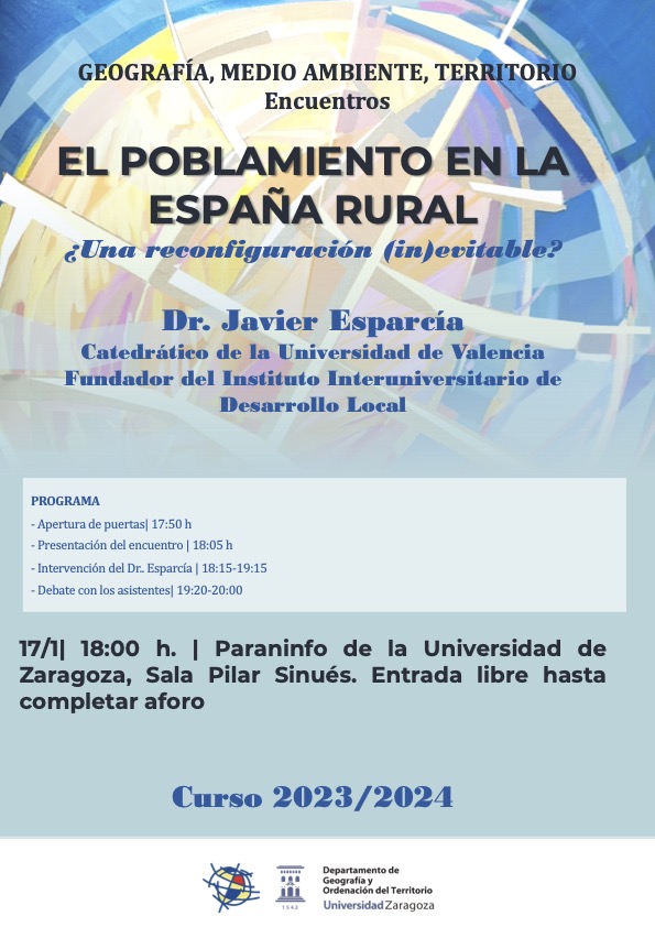 Empezamos con fuerza el Año Nuevo. Segunda sesión de los encuentros Geografía, Territorio, Medio Ambiente para tratar de los desafíos de la despoblación rural. Es el 17 de enero, ponedlo en la agenda y ayudadnos con la difusión, gracias.