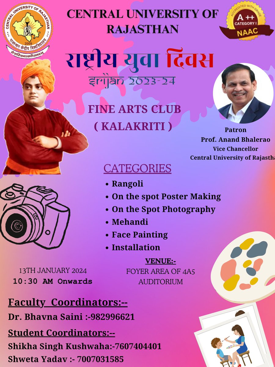 CURajasthan's tweet photo. Get ready for a splash of creativity @Srijan2024!  Variety of events by Kalakriti Club-Rangoli, Poster Making, Photography, Mehandi, Face Painting &amp; Installation! Register now-https://t.co/XUJ2AQPxDt. Let your artistic spirit soar.
Prof Anand Bhalerao
Vice Chancellor https://t.co/kXG5yz7CMS