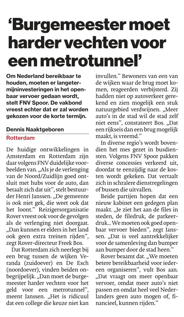 'Burgemeester moet harder vechten voor een metrotunnel.'

@ROVER_online  en @FNVSpoor vinden keuze voor brug onbegrijpelijk. 

@ADnl #DeEsch #Rotterdam