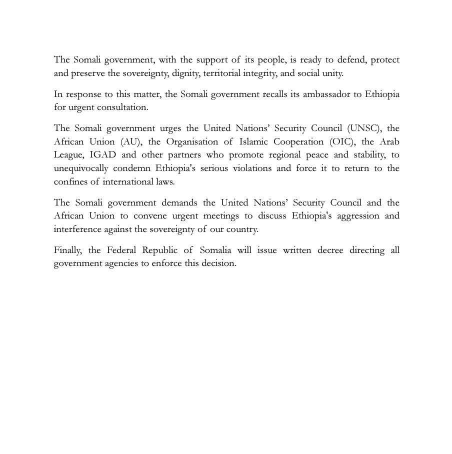 #Somalis, around the globe, appreciate the firm position of the #FGS against the infringement of the nation's security &amp; sovereignty. It's the right time for every decent #Somali to stand behind the Federal Government of Somalia 🇸🇴. Ethiopia, as our neighbour, should have opted