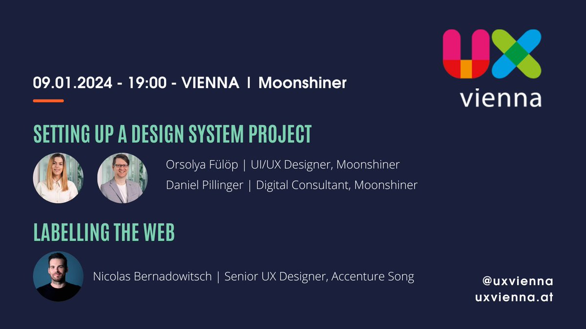 Happy New Year UX-people of Vienna! Our next meetup will take place on January 9th at Moonshiner. Sign up at meetup.com/uxvienna/event… for the event. Topics this time are #designsystems and #accessibility. #uxaustria #uxvienna #ixda #ux #a11y